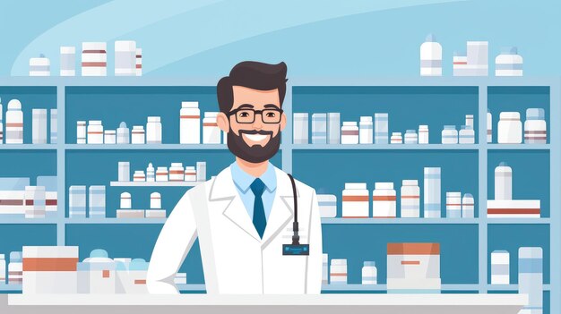 illustration of pharmacist standing in the pharmacy