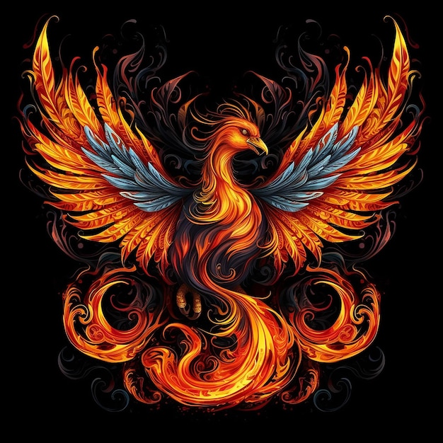 Illustration of a phoenix with flames and flames