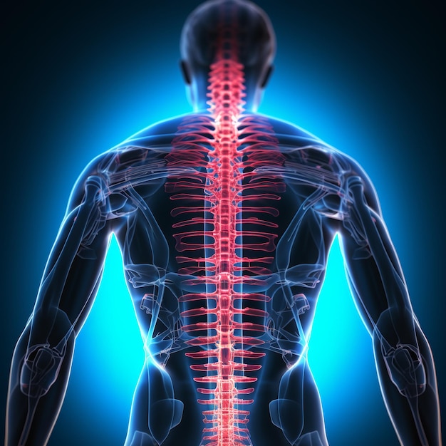 illustration of Photo 3d male medical figure with spine highlighted