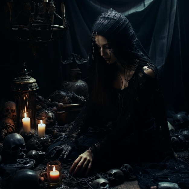 Photo illustration photo of a girl in gothic style dark aesthetics