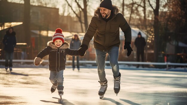 illustration of photo of happy child and his dad skating on a skatin