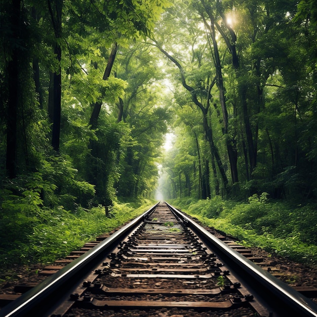 illustration of photo of long railway track in India with green tall