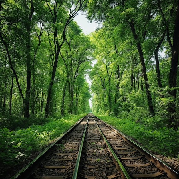 緑の背の高いインドの長い鉄道線路の写真のイラスト