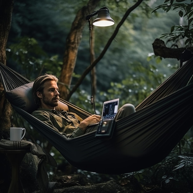 Illustration of photo a man lies in a hammock in nature with a lapto