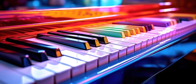Illustration of a piano keyboard illuminated by vibrant lights