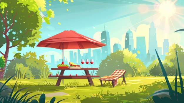 An illustration of a picnic in a city park with a wooden table and chaise lounges wine and salad served for dinner in a public garden urban buildings on the horizon and the sun shining through the