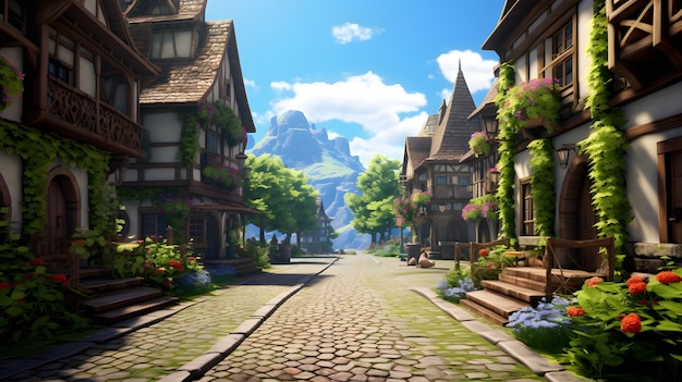 Illustration of a picturesque street with a majestic mountain backdrop