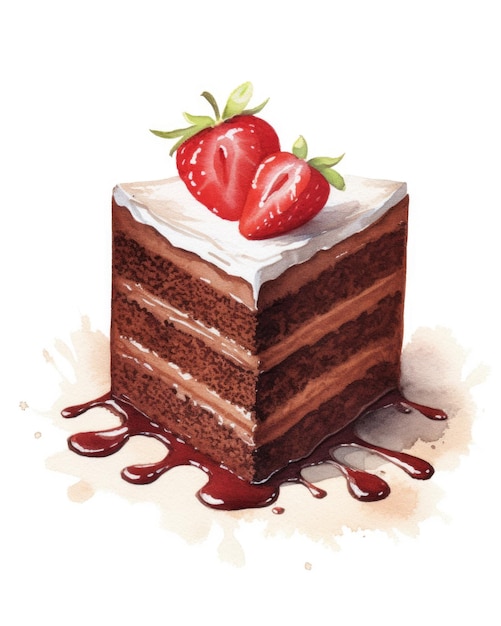 Illustration of a piece of chocolate cake with berries on top