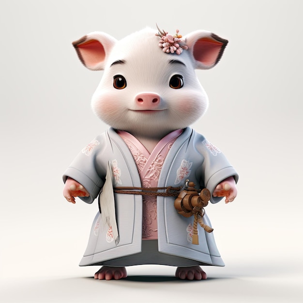 太鼓と韓服を着た豚のイラスト
