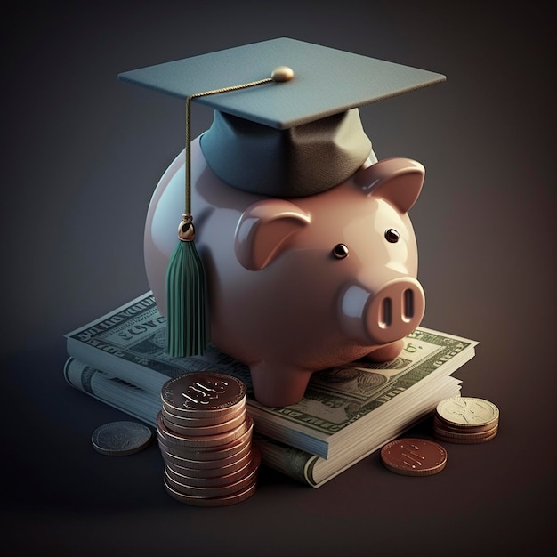 Photo illustration a piggy bank with graduation cap and tassel generative ai