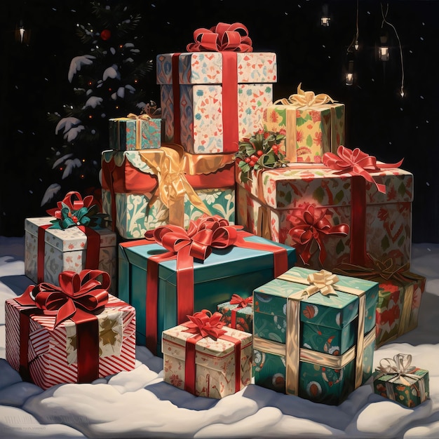 Illustration of a pile of gifts arcade jump in the snow Gifts as a day symbol of present and love