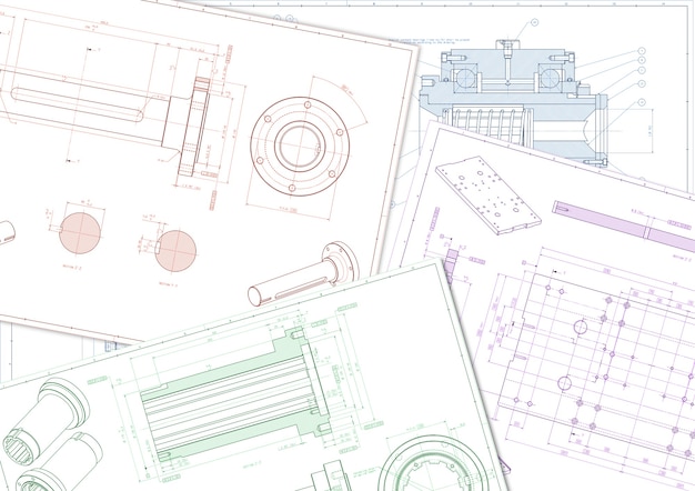 Иллюстрация стопки машиностроительных чертежей с указанием размеров и допусков