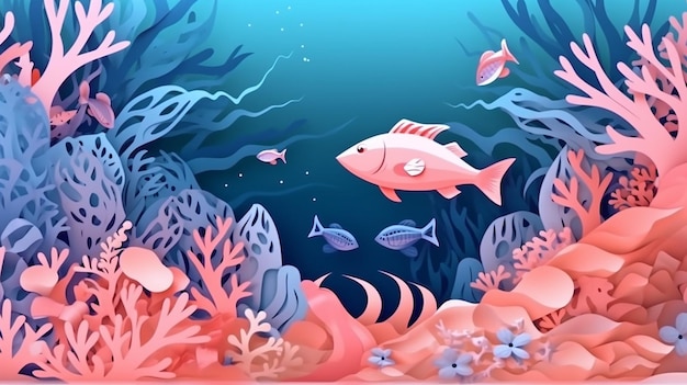 파란색 배경의 산호초가 있는 분홍색 및 파란색 수중 장면의 그림 Generative AI