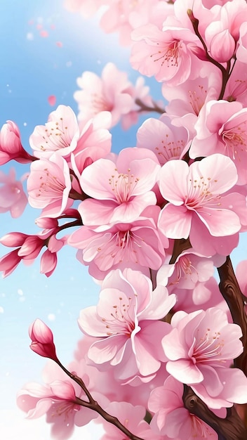 Illustration of Pink Cherry Blossom Sakura Flower Blooming in Spring Nature Landscape Anime Style