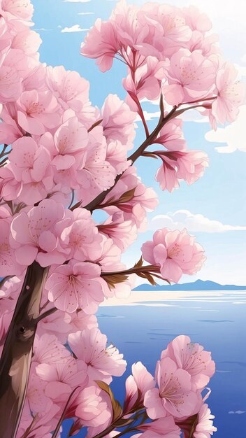 Illustration of Pink Cherry Blossom Sakura Flower Blooming in Spring Nature Landscape Anime Style