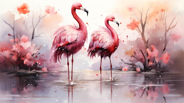 Illustration Pink flamingos watercolor