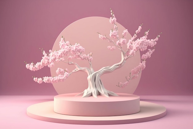 Illustration of pink floral tree on pastel display podium Background template Generative AI