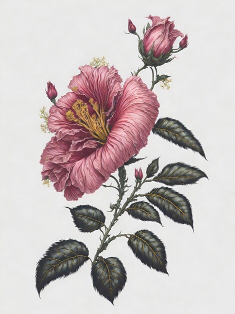 Foto un'illustrazione di un fiore rosa con foglie verdi