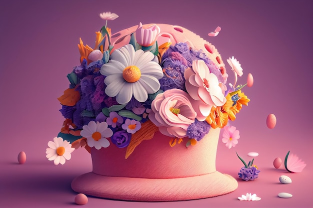 Illustration of pink hat with blooming flowers ai