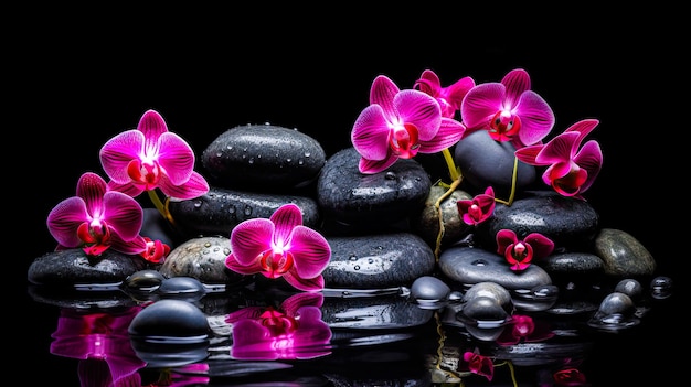 Illustration of pink orchids on black stones with reflection free space Spa concept generative AI