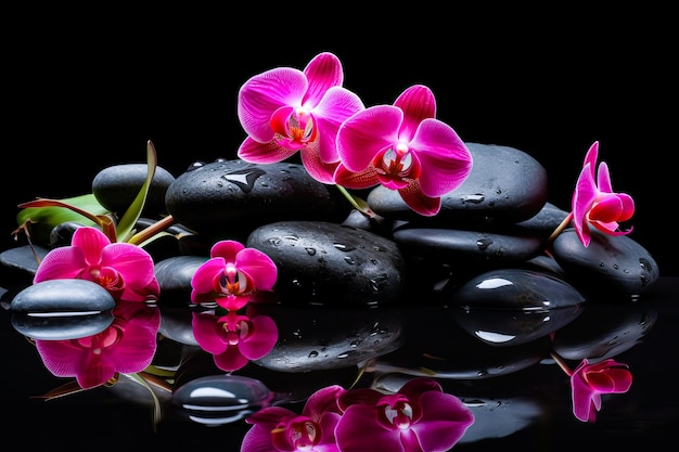 Illustration of pink orchids on black stones with reflection free space Spa concept generative AI