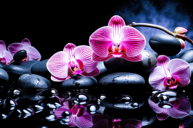 Illustration of pink orchids on wet black stones Spa concept generative AI