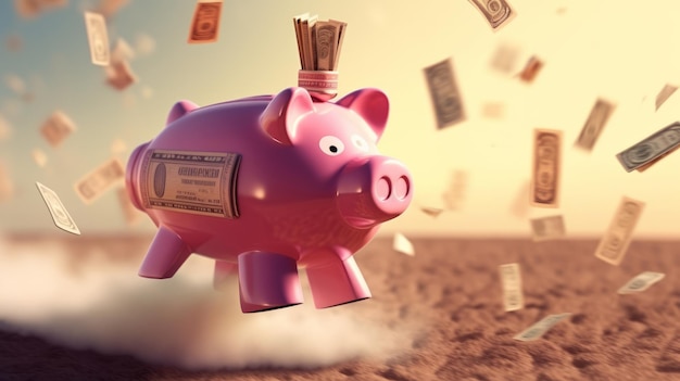 Illustration of a pink piggy bank flying through the air