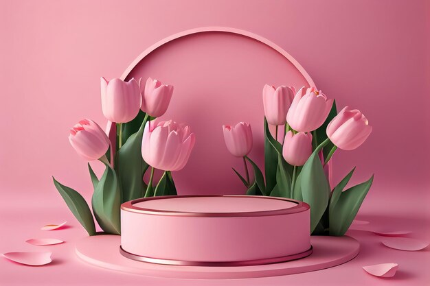 Illustration of pink podium with flower tulips mother day concept AI