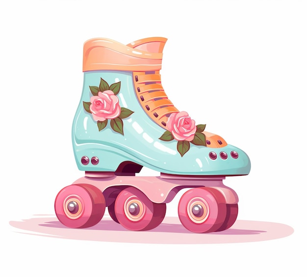 illustration of a pink roller skate with pink flower on wheels flat