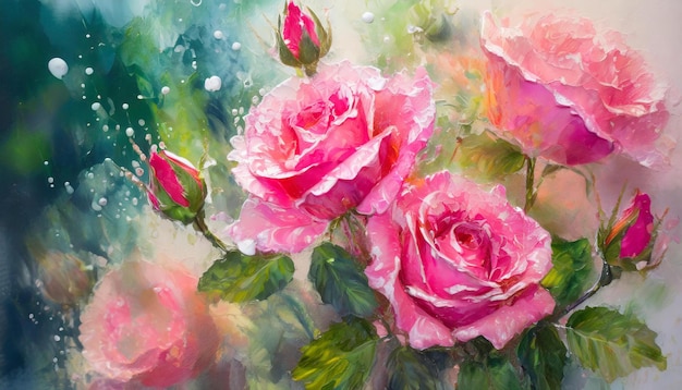 Illustration of pink roses in nature Beautiful flowers Smooth wet oil painting