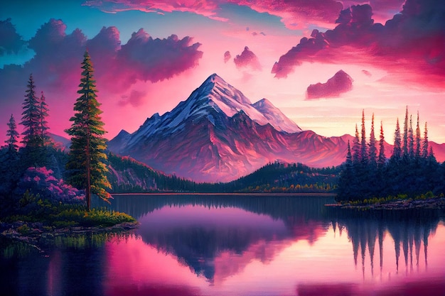 山の湖に沈む夕日のイラスト ジェネレーティブ AI