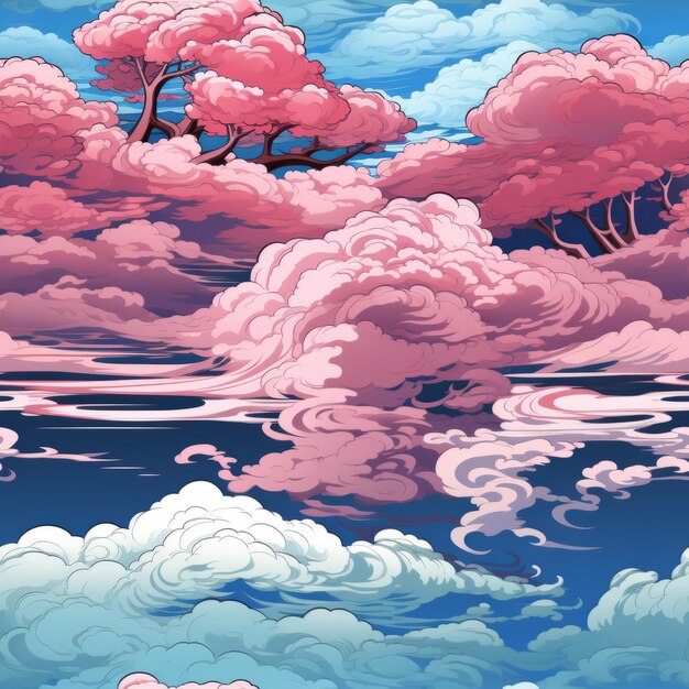 Foto un'illustrazione di alberi rosa e nuvole nel cielo