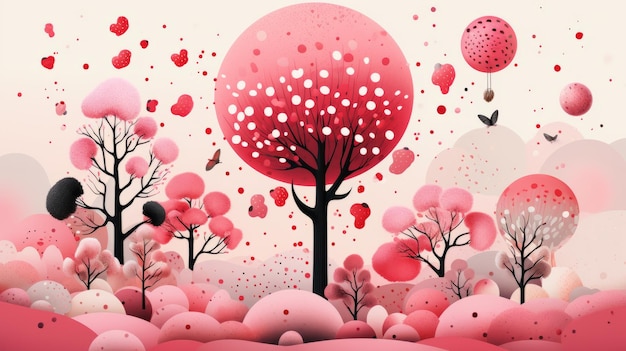 an illustration of pink trees and hearts flying in the air