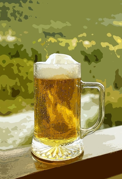Photo illustration of a pint of draft beer on the balcony railing with blurry forest view in background