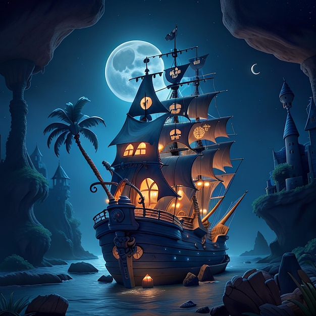 illustration pirate ship house with castle