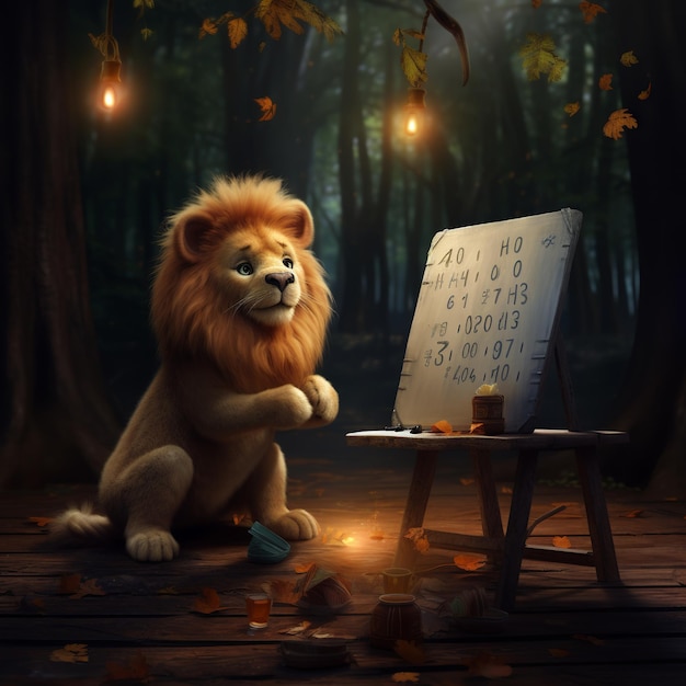 Иллюстрация льва в стиле Pixar, пишущего алфавит на доске