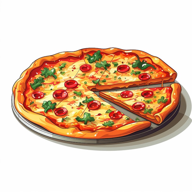 Illustration of a pizza with tomato and parsley on a white background