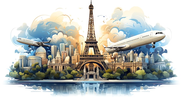 План иллюстрации путешествия по Европе Эйфелева башня концепция цифрового искусства для праздников