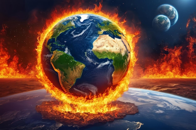 Foto illustrazione del pianeta terra che brucia in fiamme circondata dal fuoco riscaldamento globale cambiamento climatico