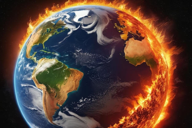 Illustration of the planet Earth burning in flames surrounded by fire