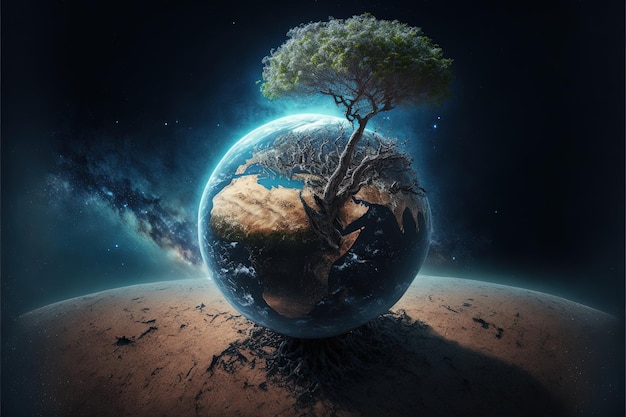 Illustration of planet Earth with a giant tree, seen from space. Generative AI