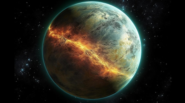 Illustration of a planet in the space with fire and smoke Futuristic planet in deep space Science