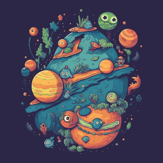 Illustration of a planet with a bunch of alien creatures generative ai