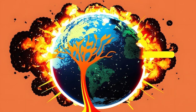 An illustration of a planet with a tree on it and flames around it.