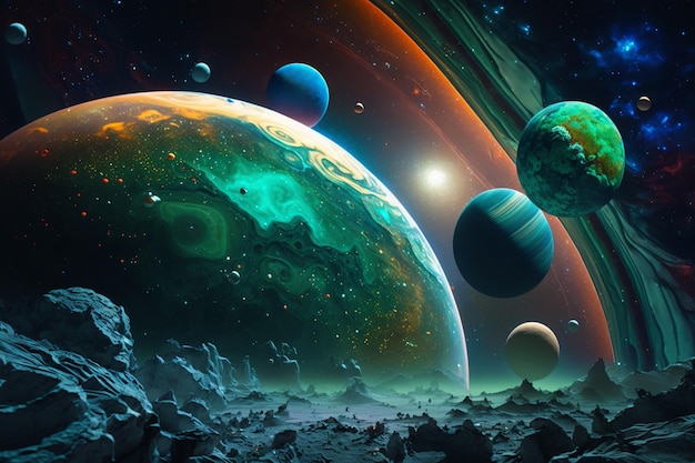 An illustration of planets and moons