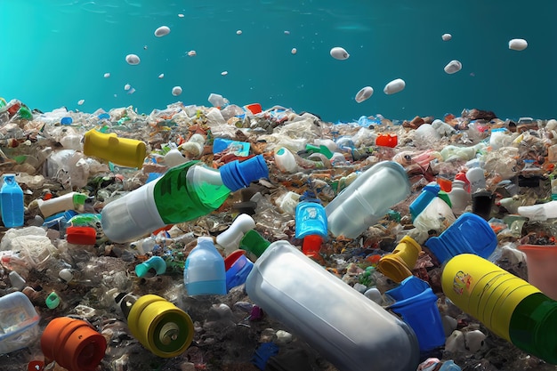 illustration of plastic bottles waste floating in the sea water