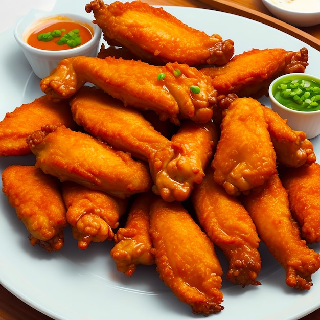 Illustration of a plate of deliciously crispy chicken wings with a mouthwatering generated by ai