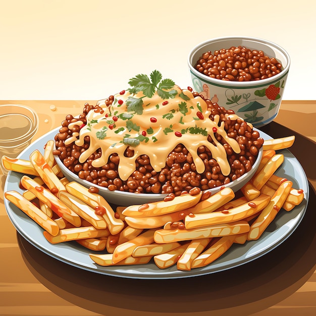 illustration of a plate full of delicious chili cheese fries