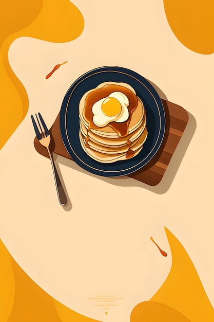 Illustration of a plate of pancakes with a fried egg and a fork