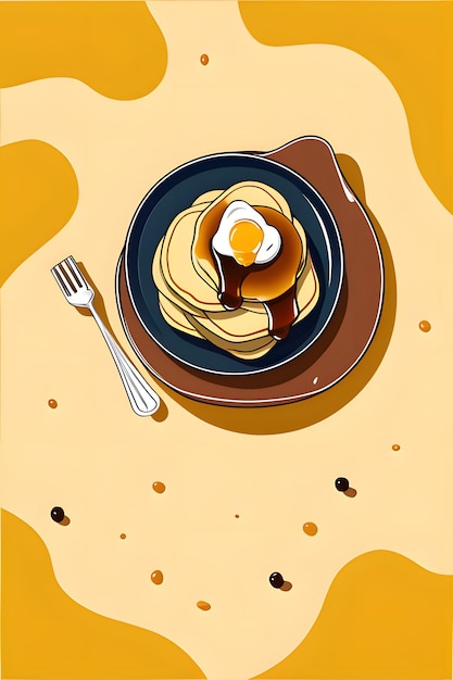 Illustration of a plate of pancakes with honey and a fork on a yellow background